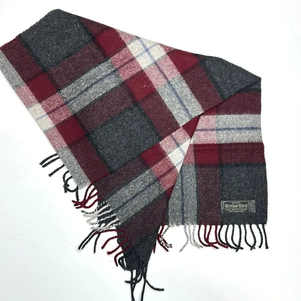 Vintage Merino Wool Gray Burgundy Plaid Scarf made in West Germany